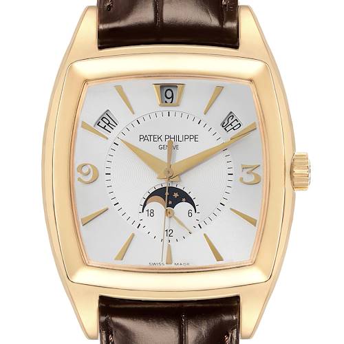 The Patek Philippe Gondolo 5135J Men's Yellow Gold White Dial watch is shown from a front angle, displaying the dial with date, day, and moon phase indicators.