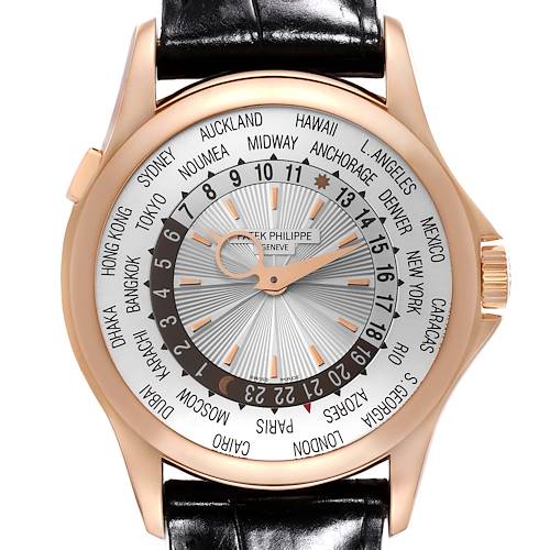 This image shows a Patek Philippe Complications 5130R-001 Men's Rose Gold Silver Dial 5130R-001 Men's Rose Gold Silver Dial watch from a front angle, highlighting its multi-time zone dial and black leather strap.