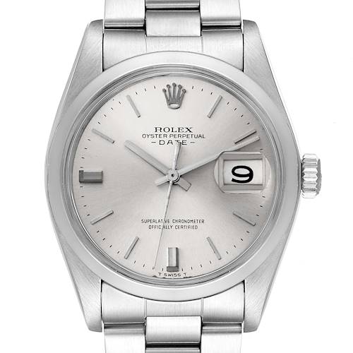 The image shows a front view of the Rolex Vintage Collection 1500 Men's Stainless Steel Silver Dial 1500 Men's Stainless Steel Silver Dial model, displaying the dial, hour markers, crown, and part of the bracelet.