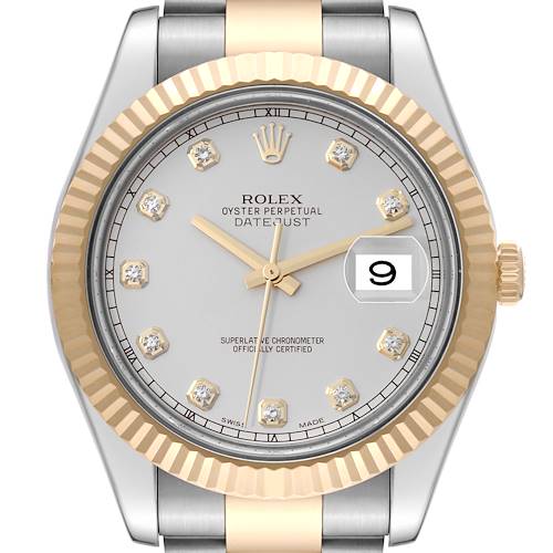 The image shows a front view of a Rolex Datejust 41 116333 Men's Steel and Gold (two tone) Silver Dial 116333 Men's Steel and Gold (two tone) Silver Dial watch, highlighting its dial, fluted bezel, and date window.