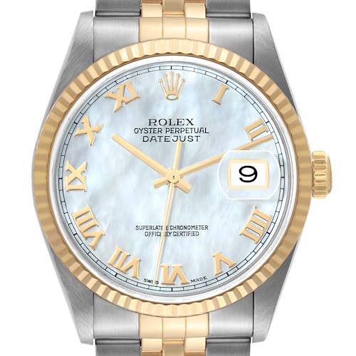 This image shows a front view of the Rolex Datejust 16233 Men's Steel and Gold (two tone) Mother of Pearl Dial 16233 Men's Steel and Gold (two tone) Mother of Pearl Dial watch, highlighting the dial, bezel, hands, and date window.