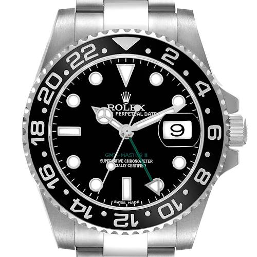 The image shows a front view of the Rolex GMT-Master 116710 Men's Stainless Steel Black Dial II, highlighting the bezel, face, hour markers, and date window.