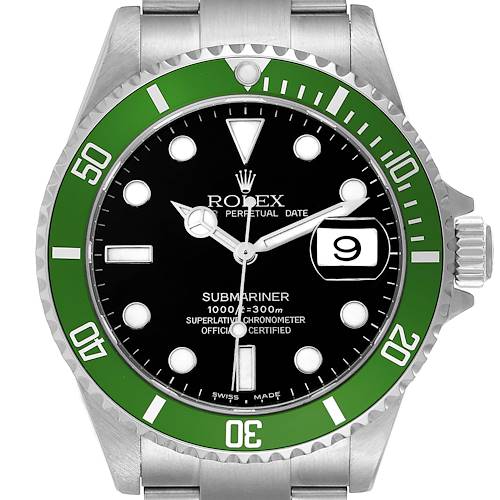 This image shows a front view of a Rolex Submariner 16610LV Men's Stainless Steel Black Dial 16610LV Men's Stainless Steel Black Dial watch, highlighting the dial, bezel, and part of the bracelet.