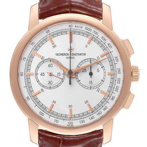 The Vacheron Constantin Traditionnelle 47192/000R-9352 Men's Rose Gold Silver Dial 47192/000R-9352 Men's Rose Gold Silver Dial model watch is shown from a front angle, highlighting the dial, subdials, and crown.