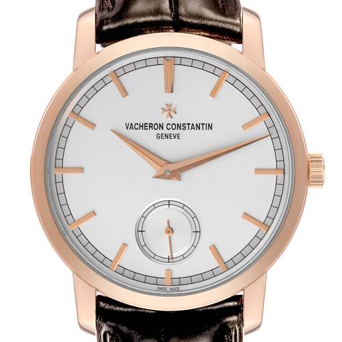 The image shows a front view of the Vacheron Constantin Traditionnelle 82172/000R-9382 Men's Rose Gold Silver Dial 82172/000R-9382 Men's Rose Gold Silver Dial watch, highlighting its dial, hands, indices, bezel, and crown.