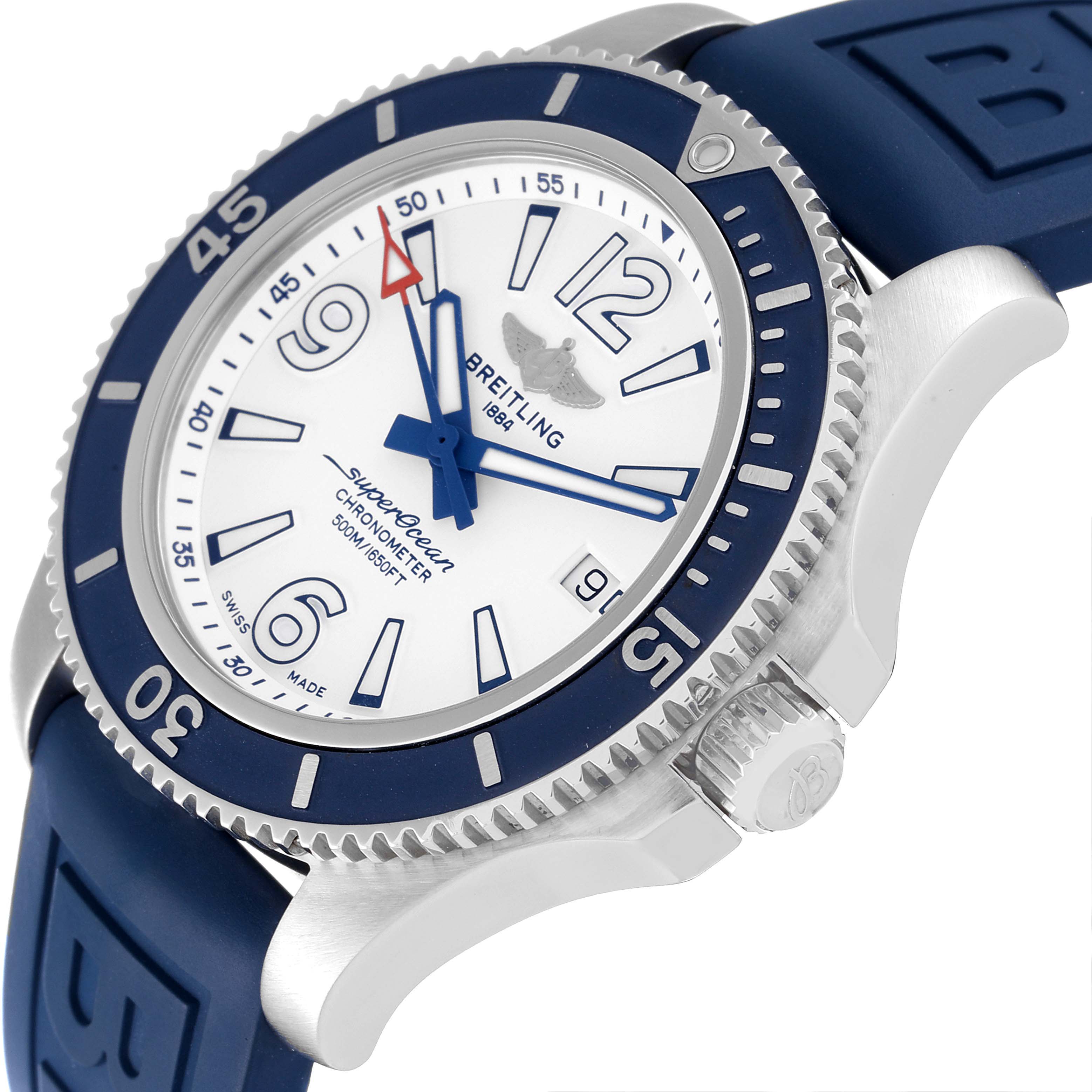 This image shows a Breitling Superocean A17366 Men's Stainless Steel White Dial A17366 Men's Stainless Steel White Dial watch at an angle, highlighting the face, bezel, crown, and part of the rubber strap.
