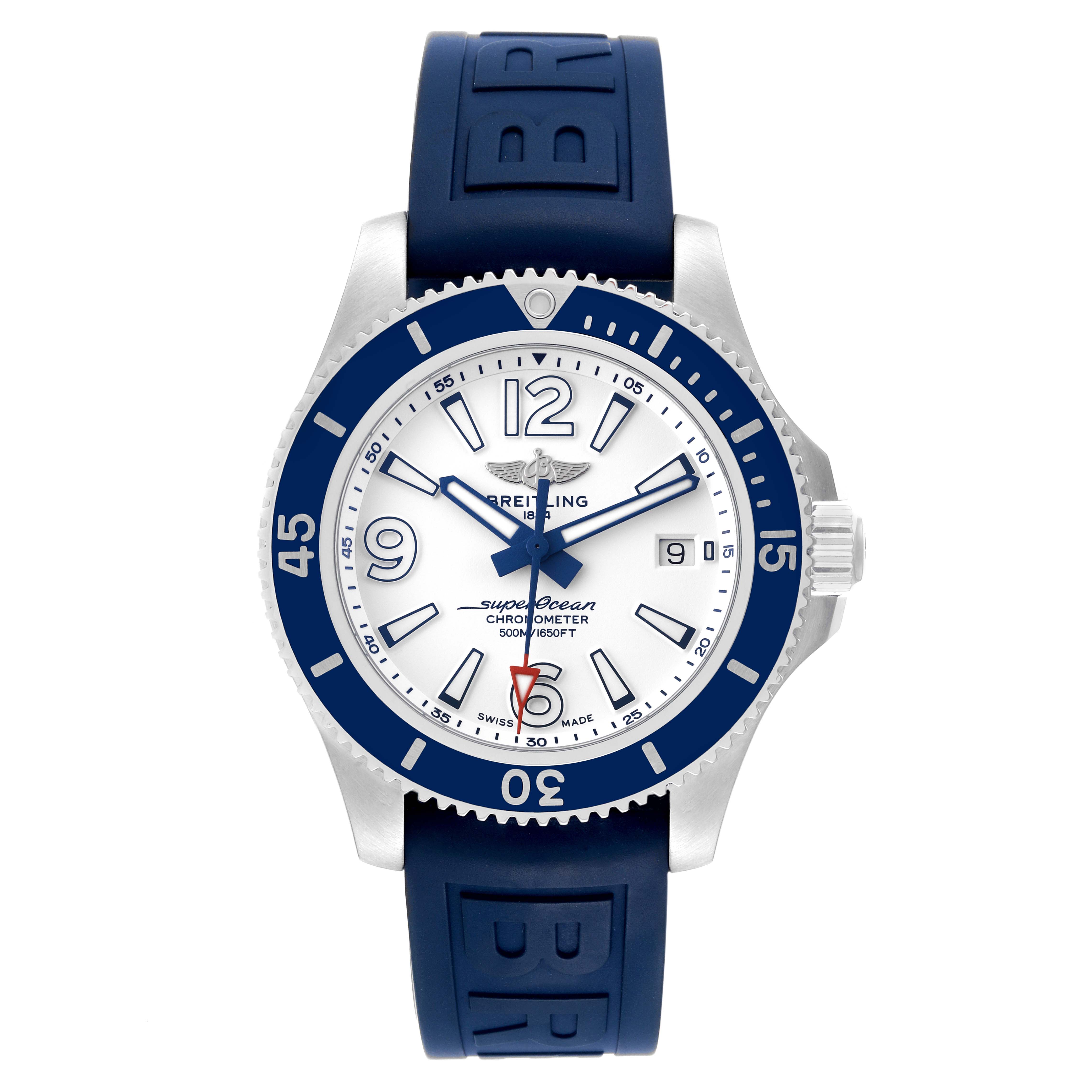The Breitling Superocean A17366 Men's Stainless Steel White Dial A17366 Men's Stainless Steel White Dial watch is shown from a front angle, highlighting its face, bezel, and strap.