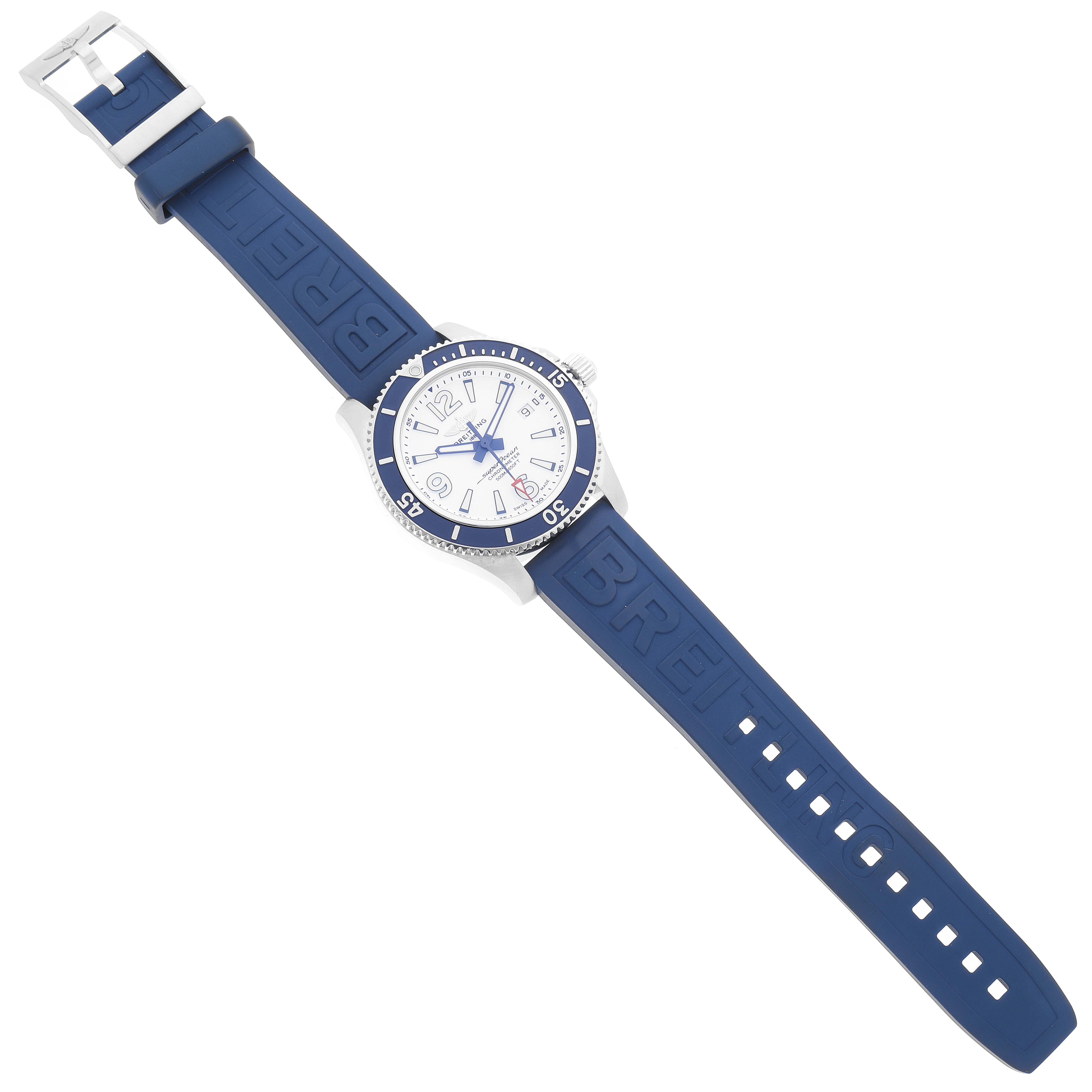 The image shows a full frontal view of a Breitling Superocean A17366 Men's Stainless Steel White Dial A17366 Men's Stainless Steel White Dial watch with a blue strap and a white dial.