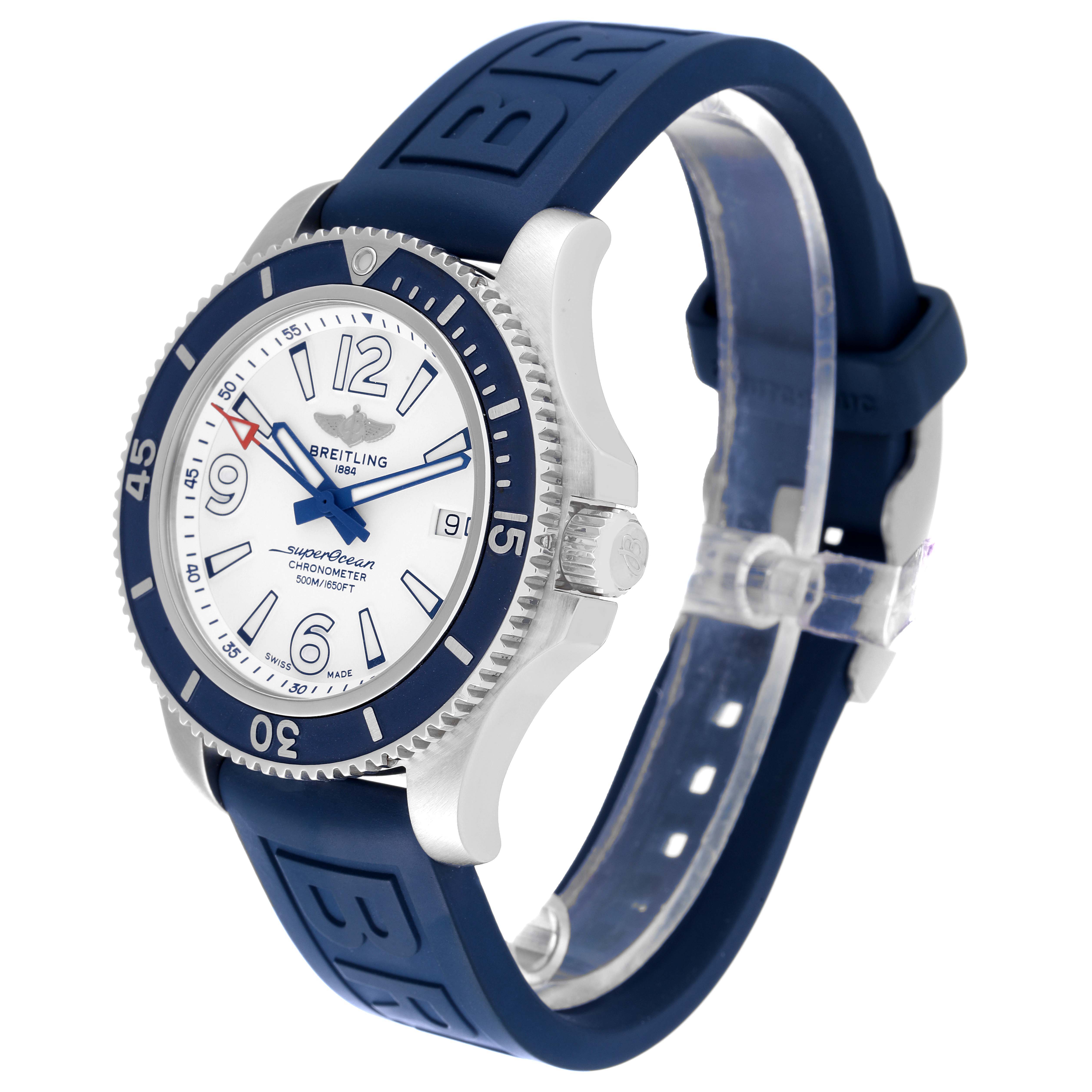 The image shows a Breitling Superocean A17366 Men's Stainless Steel White Dial A17366 Men's Stainless Steel White Dial watch at a slight angle, highlighting its face, bezel, and blue rubber strap.