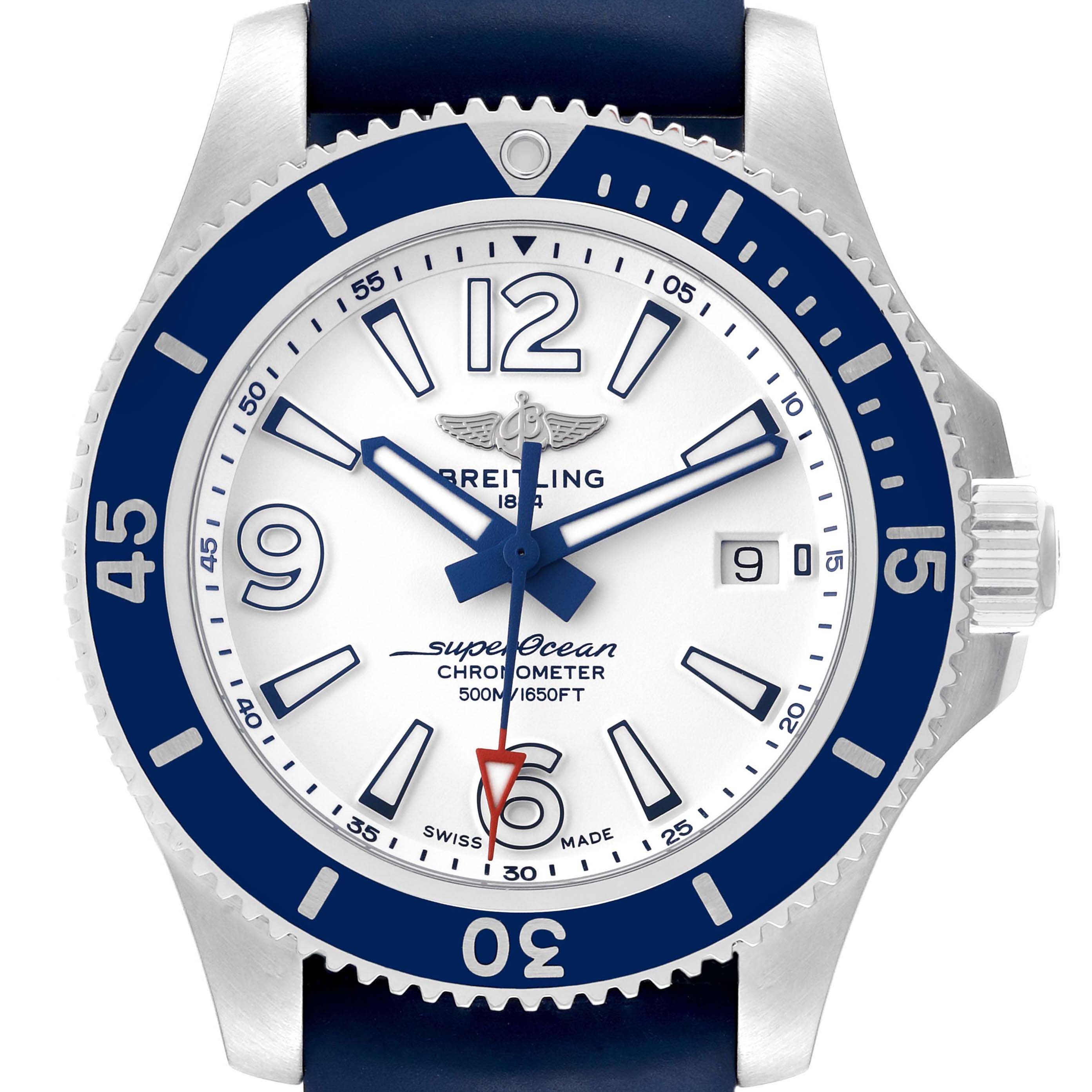 This Breitling Superocean A17366 Men's Stainless Steel White Dial A17366 Men's Stainless Steel White Dial watch is shown from a straight-on angle, highlighting its bezel, face, and crown.