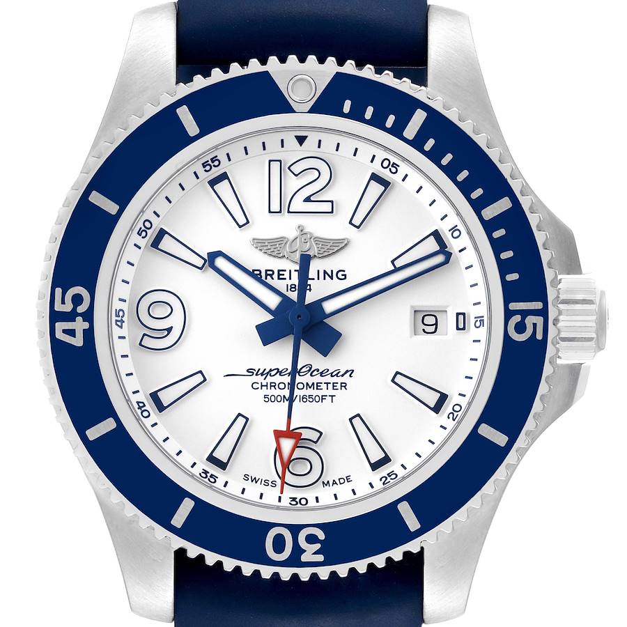 This Breitling Superocean A17366 Men's Stainless Steel White Dial A17366 Men's Stainless Steel White Dial watch is shown from a straight-on angle, highlighting its bezel, face, and crown.