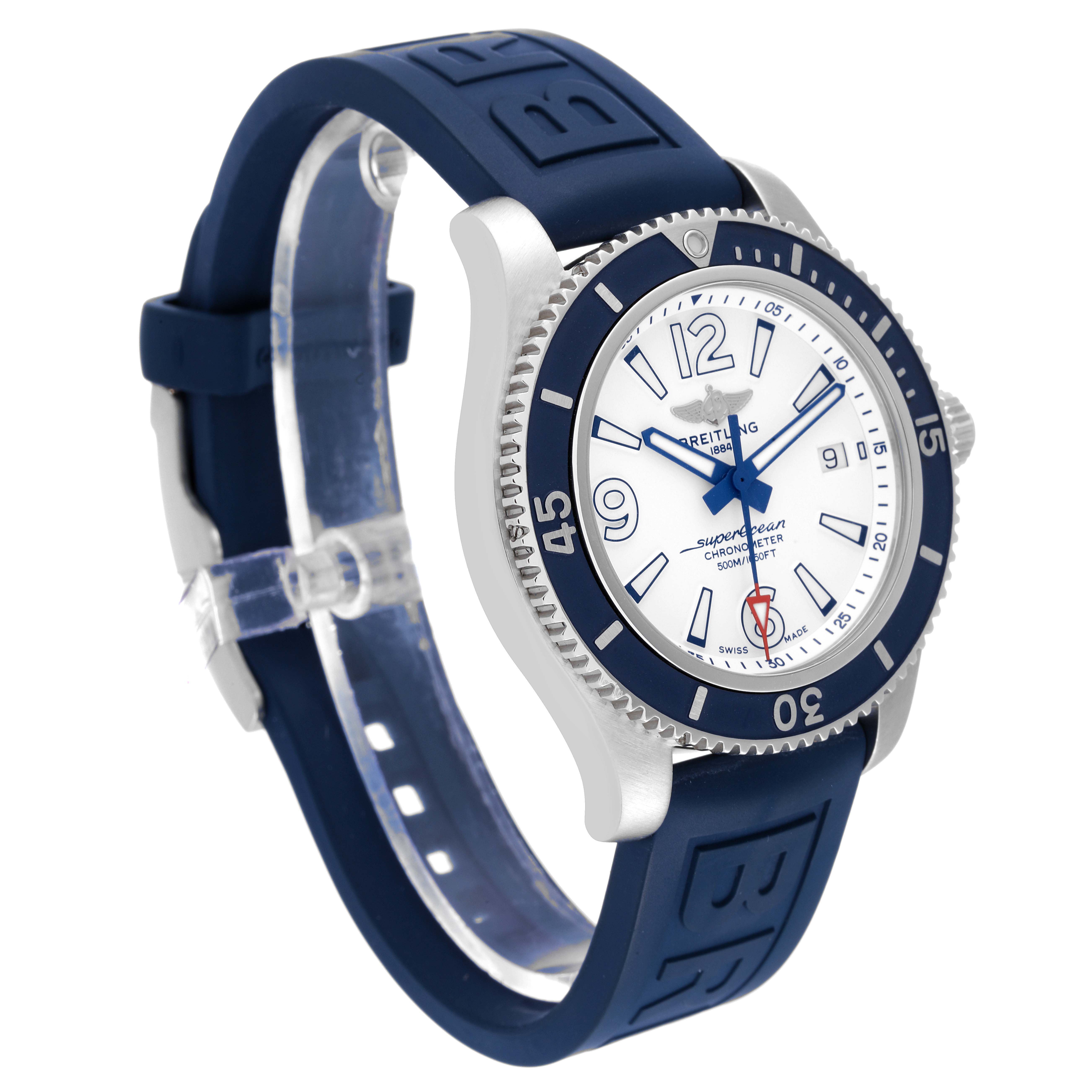 The image displays a Breitling Superocean A17366 Men's Stainless Steel White Dial A17366 Men's Stainless Steel White Dial watch angled to show its face, bezel, and blue rubber strap.