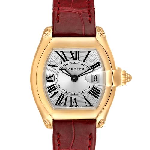 This image shows a Cartier Roadster W62018Y5 Women's Yellow Gold Silver Dial W62018Y5 Women's Yellow Gold Silver Dial watch from a front angle, displaying the dial, case, and part of the strap.