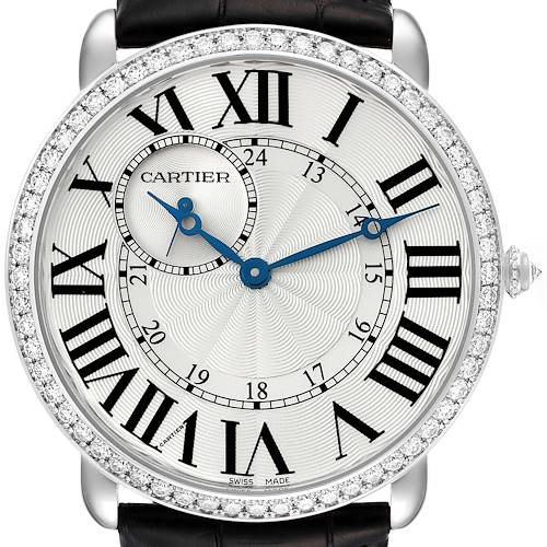 The image shows a Cartier Ronde WR007002 Men's White Gold Silver Dial WR007002 Men's White Gold Silver Dial watch from a top-down angle, highlighting the dial, Roman numerals, and bejeweled bezel.