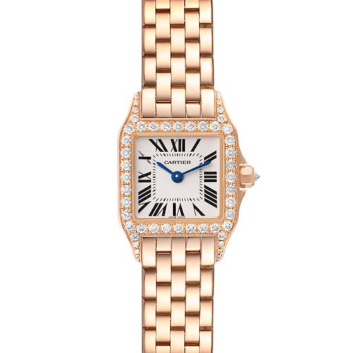 The image shows a front view of the Cartier Santos Demoiselle WF9011Z8 Women's Rose Gold Silver Dial WF9011Z8 Women's Rose Gold Silver Dial watch, displaying its face, case, and part of the bracelet.