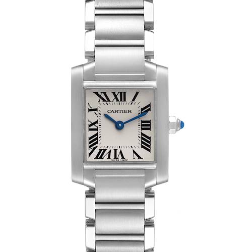 This image shows a front view of the Cartier Tank Francaise W51008Q3 Women's Stainless Steel Silver Dial W51008Q3 Women's Stainless Steel Silver Dial watch, displaying the rectangular face and stainless steel bracelet.