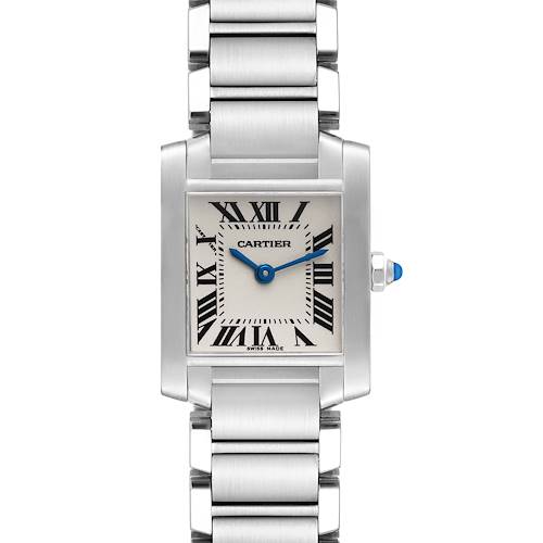 The image shows a front view of a Cartier Tank Française watch, highlighting its rectangular face, Roman numerals, and metal bracelet.