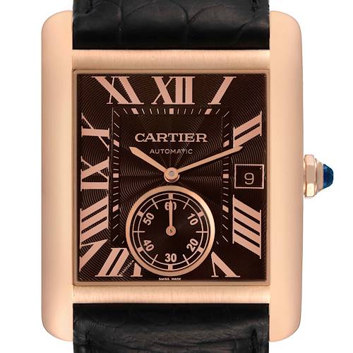 The Cartier Tank MC W5330002 Men's Rose Gold Brown Dial W5330002 Men's Rose Gold Brown Dial watch is shown from the front, displaying the entire face and crown.