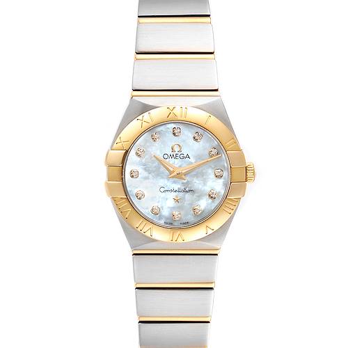 The image shows a front view of the Omega 123.20.24.60.55.001 Women's Steel and Gold (two tone) Mother of Pearl Dial 123.20.24.60.55.001 Women's Steel and Gold (two tone) Mother of Pearl Dial Constellation Steel Gold MOP Diamond Watch 123.20.24.60.55.001.