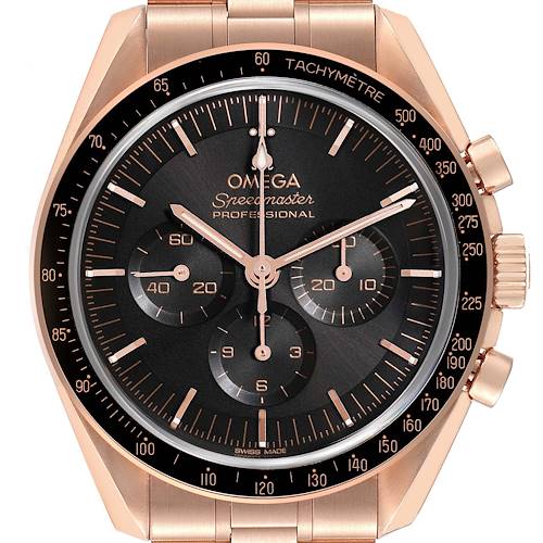 This image shows the face of an Omega Speedmaster 310.60.42.50.01.001 Men's Rose Gold Black Dial 310.60.42.50.01.001 Men's Rose Gold Black Dial model with its chronograph dials and tachymeter bezel.