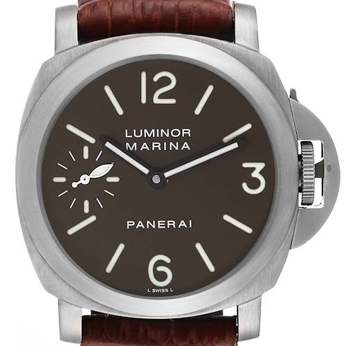 The image shows a front view of the Panerai Luminor PAM00118 Men's Titanium Brown Dial PAM00118 Men's Titanium Brown Dial Marina watch, highlighting its dial, crown guard, and leather strap.
