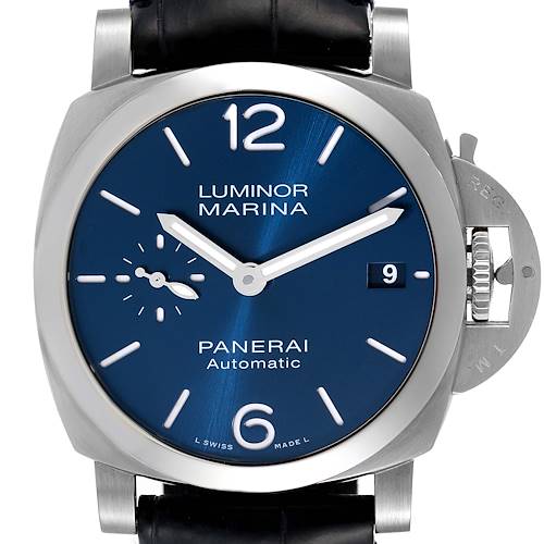 The image shows a front view of a Panerai Luminor PAM01270 Men's Stainless Steel Blue Dial PAM01270 Men's Stainless Steel Blue Dial Marina watch with a blue dial, visible crown guard, and black leather strap.