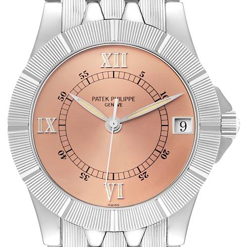 This is a close-up of the Patek Philippe Neptune 5080/001 Men's Stainless Steel Brown Dial 5080/001 Men's Stainless Steel Brown Dial model watch showing the face, bezel, and part of the band.