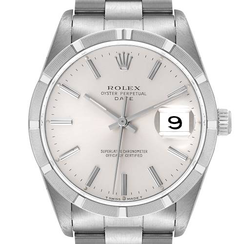 The image shows a front view of the Rolex Date 15210 Men's Stainless Steel Silver Dial 15210 Men's Stainless Steel Silver Dial model watch, displaying the dial, hands, date window, bezel, and part of the bracelet.