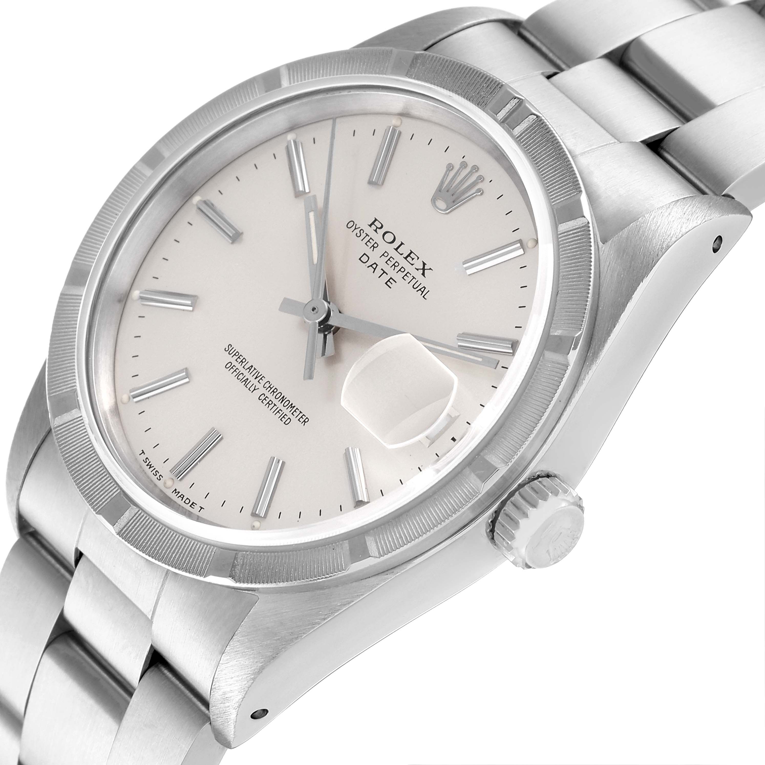 The image shows an angled view of the dial, bezel, crown, and part of the bracelet of the Rolex Date 15210 Men's Stainless Steel Silver Dial 15210 Men's Stainless Steel Silver Dial model watch.