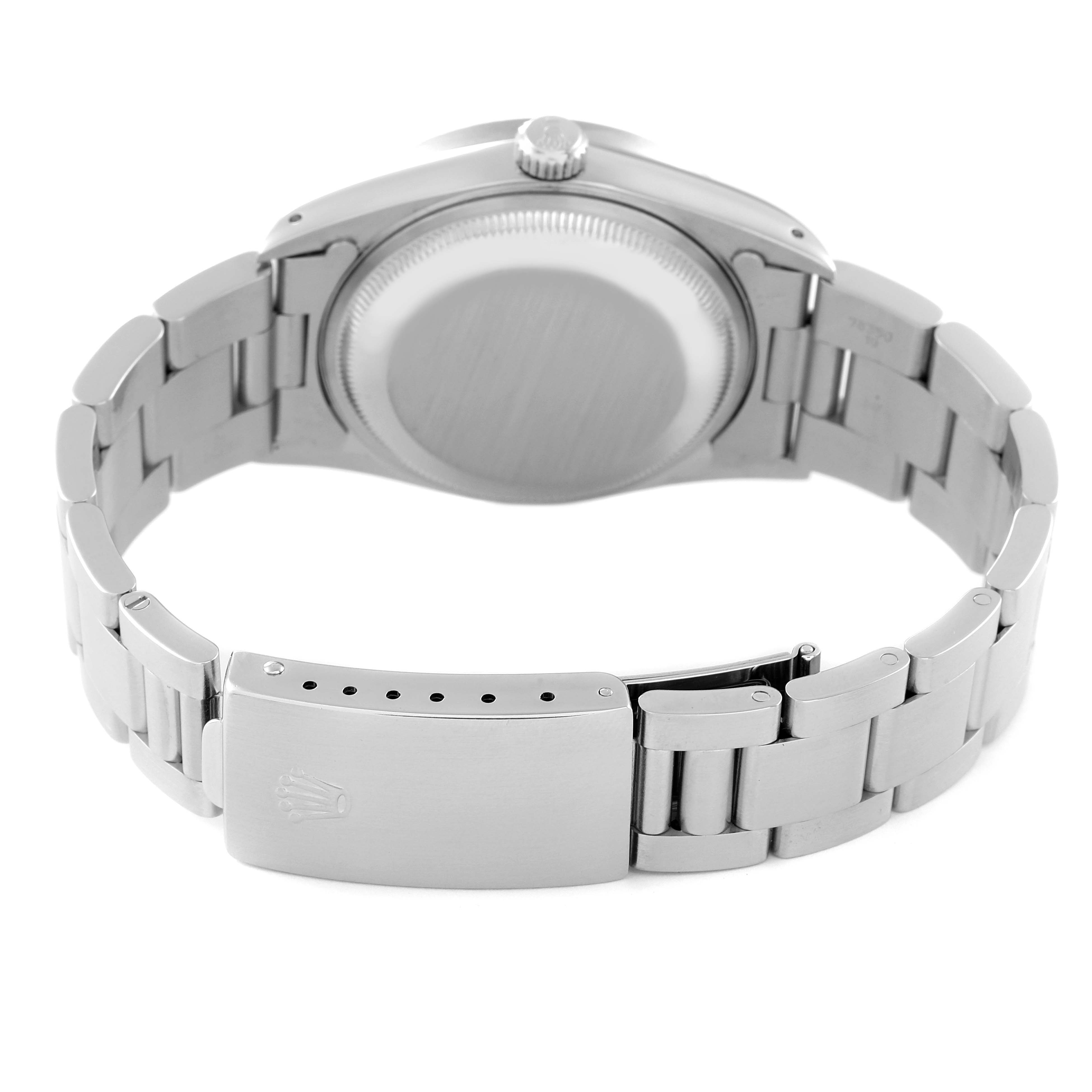 This image shows the rear view of a Rolex Date 15210 Men's Stainless Steel Silver Dial 15210 Men's Stainless Steel Silver Dial model watch, highlighting the case back, bracelet, and clasp.