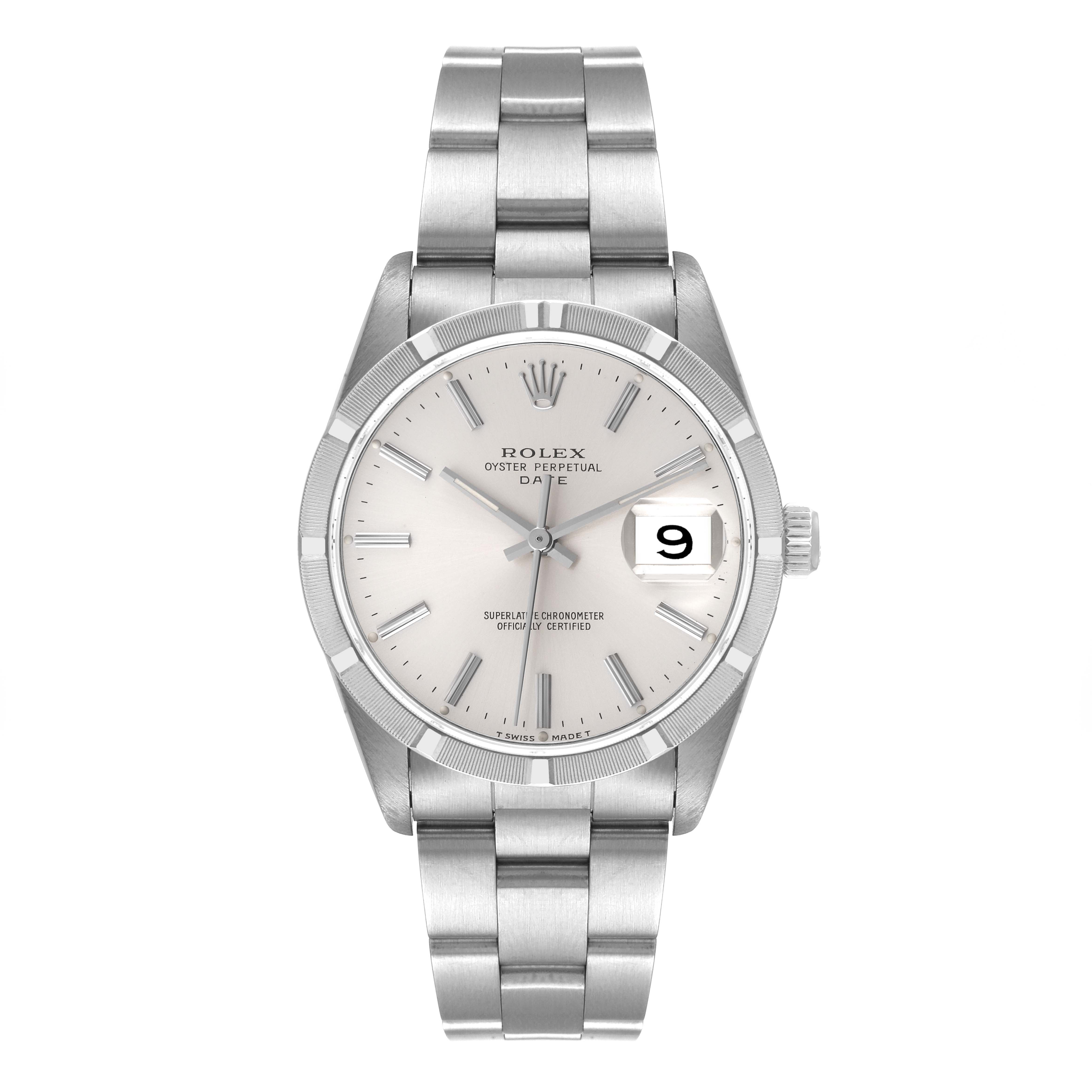 The image shows a front view of the Rolex Date 15210 Men's Stainless Steel Silver Dial 15210 Men's Stainless Steel Silver Dial model watch, displaying its face, bracelet, and date window.