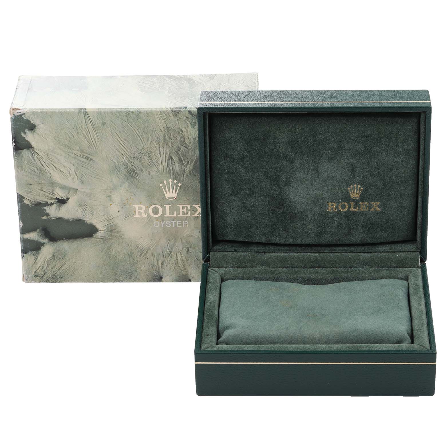 The image shows an empty green Rolex Date 15210 Men's Stainless Steel Silver Dial 15210 Men's Stainless Steel Silver Dial model watch box and its outer packaging, both featuring the Rolex logo.