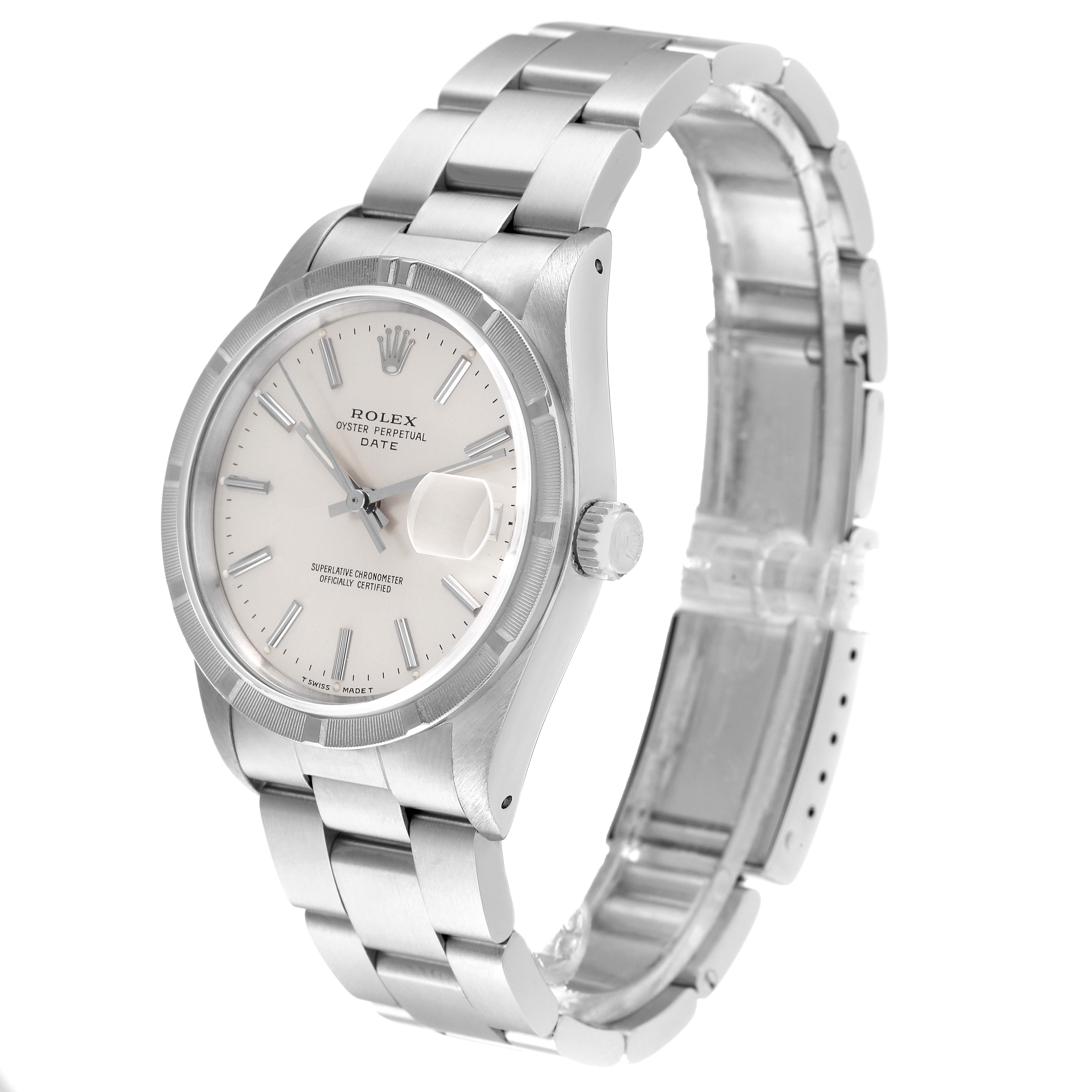 The Rolex Date 15210 Men's Stainless Steel Silver Dial 15210 Men's Stainless Steel Silver Dial model watch is shown from a slightly angled view, displaying its face, case, and bracelet.