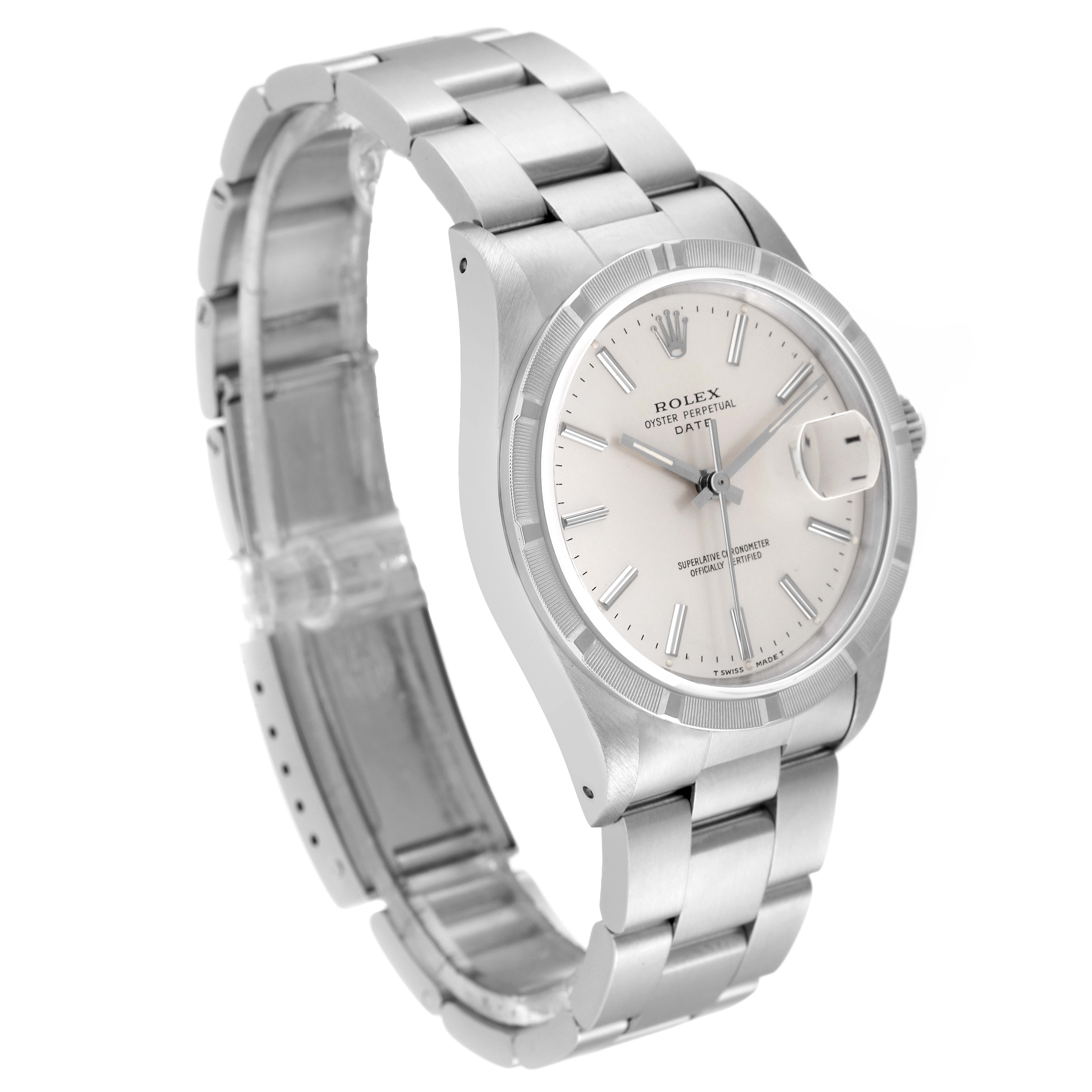 The image shows the Rolex Date 15210 Men's Stainless Steel Silver Dial 15210 Men's Stainless Steel Silver Dial model watch from a three-quarter angle, highlighting the dial, case, and part of the bracelet.