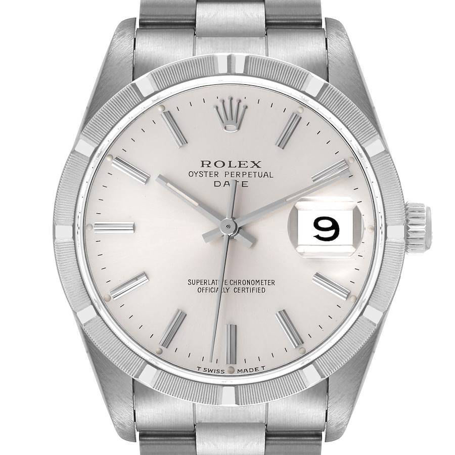 This image shows a front view of the Rolex Oyster Perpetual Date watch, displaying its dial, hands, date window, and bezel.