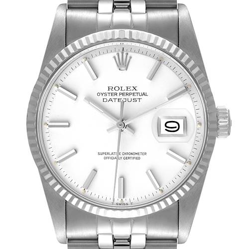 The image shows a frontal view of the Rolex Vintage Collection 1601 Men's Stainless Steel White Dial 1601 Men's Stainless Steel White Dial model, displaying the face, bezel, crown, and bracelet.