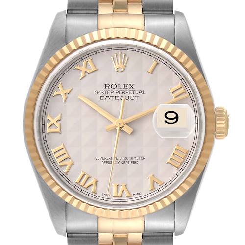 The image shows a front view of a Rolex Datejust 16233 Men's Steel and Gold (two tone) Beige Dial 16233 Men's Steel and Gold (two tone) Beige Dial watch featuring gold Roman numerals, a fluted bezel, and a date display at 3 o'clock.