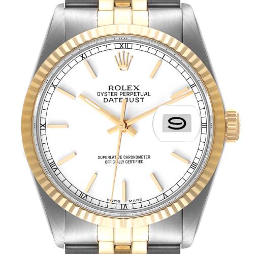 This image shows a front view of a Rolex Vintage Collection 16013 Men's Steel and Gold (two tone) White Dial 16013 Men's Steel and Gold (two tone) White Dial Oyster Perpetual Datejust watch, highlighting its dial, bezel, and bracelet.