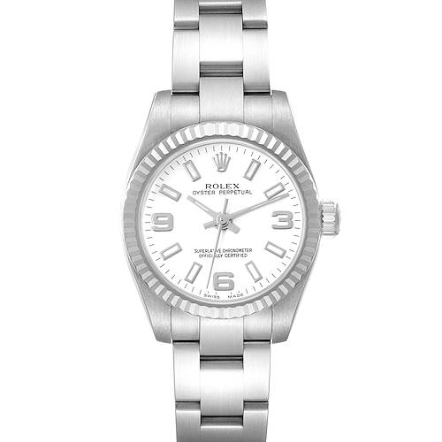 The image shows a front view of the Rolex Oyster Perpetual 176234 Women's Stainless Steel White Dial 176234 Women's Stainless Steel White Dial watch, highlighting its dial, bezel, bracelet, and crown.