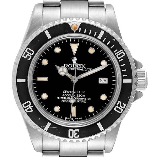 This image shows a front view of the Rolex Sea-Dweller 16660 Men's Stainless Steel Black Dial 16660 Men's Stainless Steel Black Dial watch, displaying the dial, bezel, and part of the bracelet.