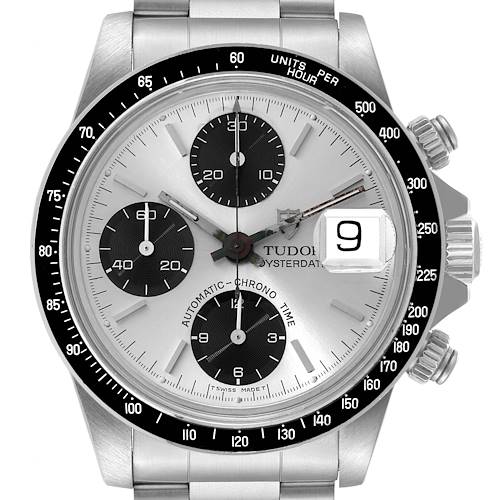 This is a frontal view of the Tudor Prince 79160 Men's Stainless Steel Silver Dial 79160 Men's Stainless Steel Silver Dial watch model, showing the dial, sub-dials, bezel, and date window.