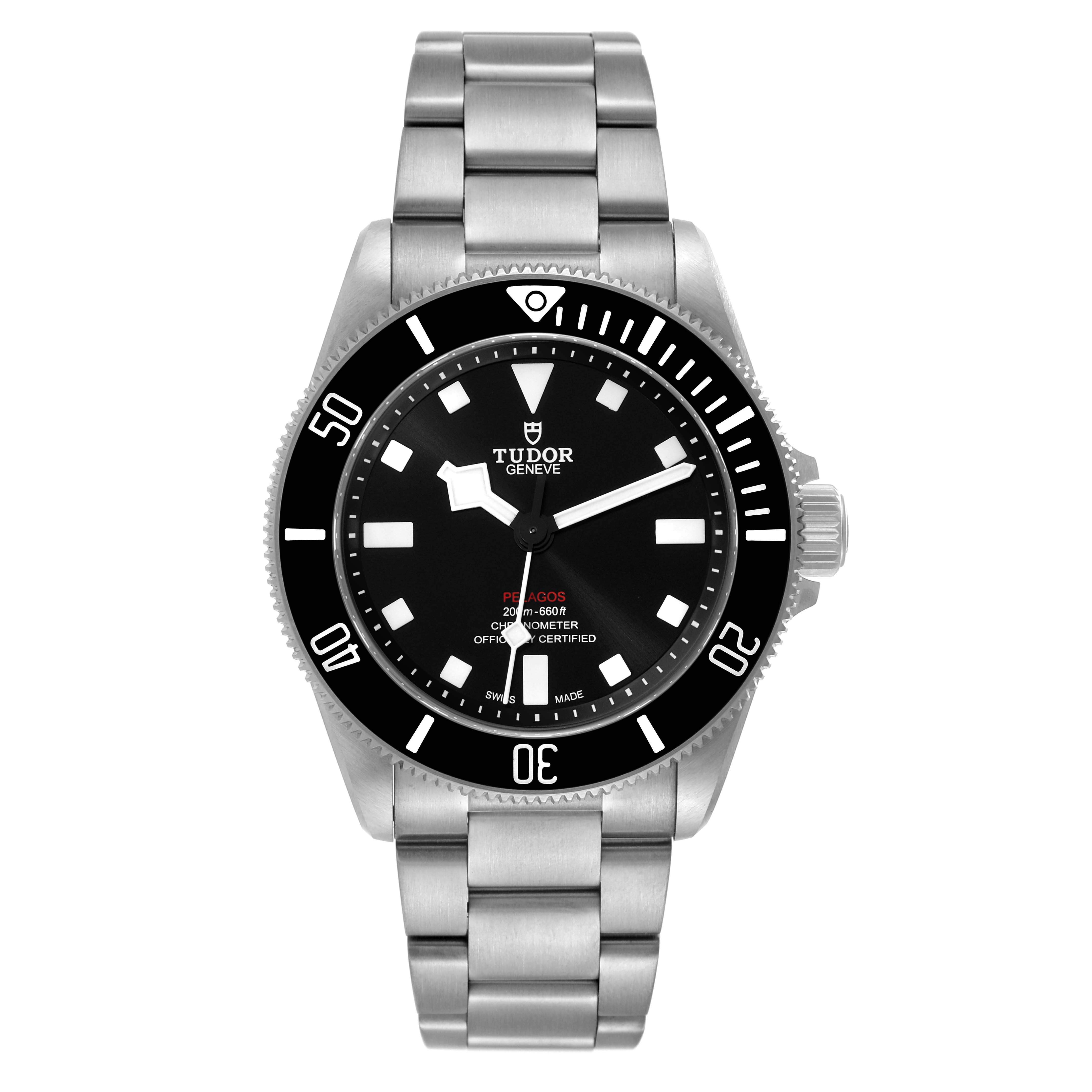 The image shows a frontal view of the Tudor Pelagos 25407N Men's Titanium Black Dial 25407N Men's Titanium Black Dial watch featuring the dial, bezel, and stainless steel bracelet.