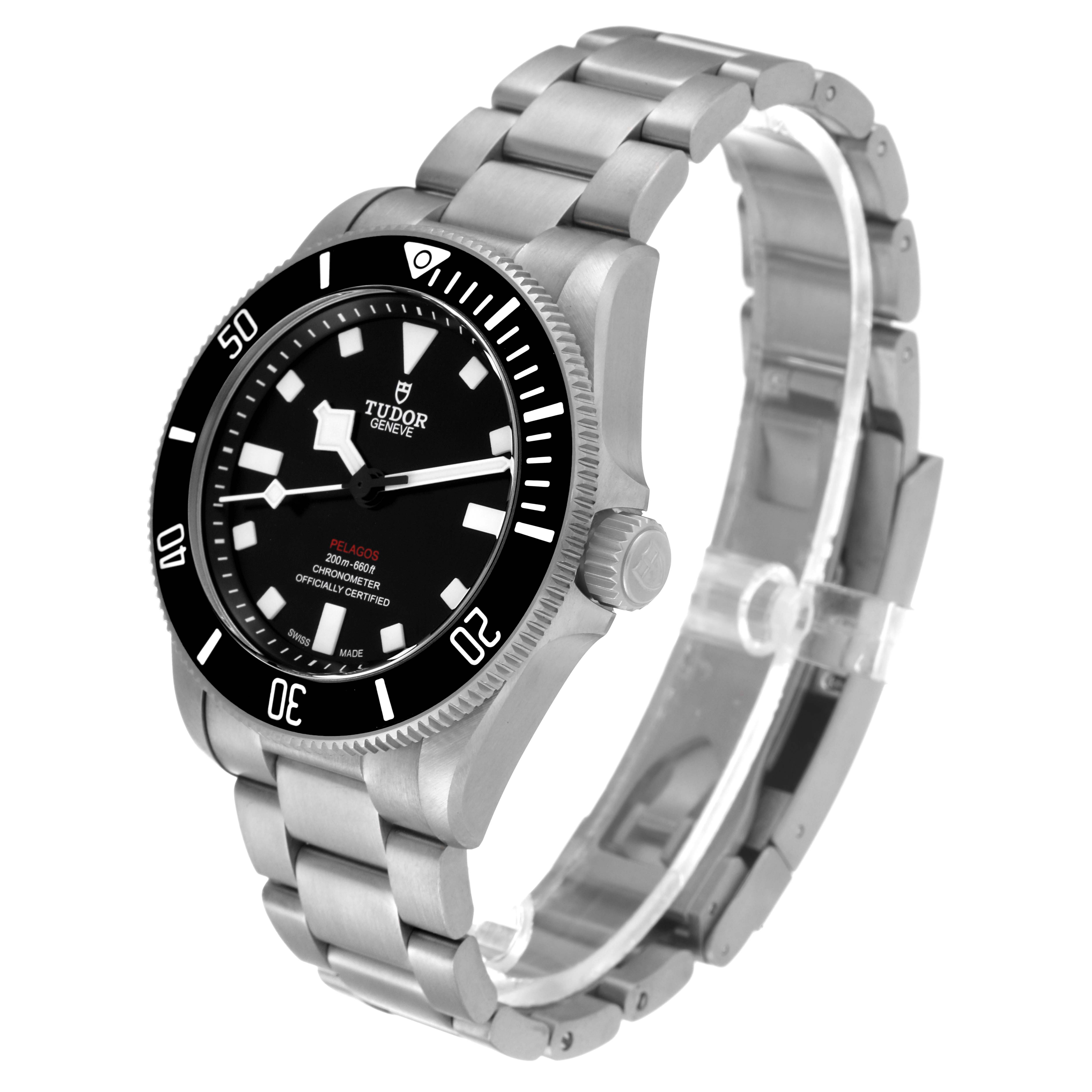 The image shows the Tudor Pelagos 25407N Men's Titanium Black Dial 25407N Men's Titanium Black Dial model watch from an angled side view, highlighting its dial, bezel, crown, and metal bracelet.
