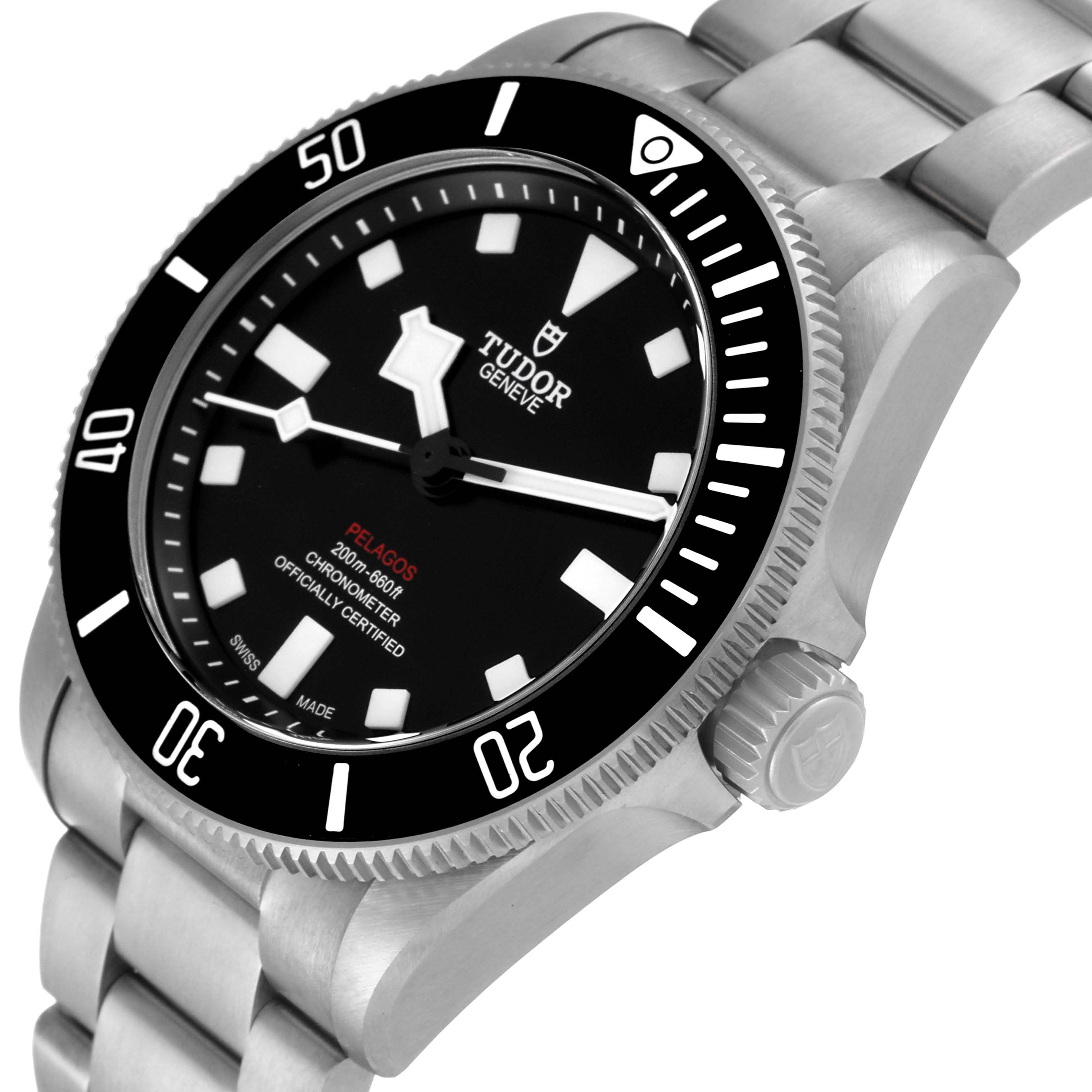 The image shows the dial and part of the bracelet of the Tudor Pelagos 25407N Men's Titanium Black Dial 25407N Men's Titanium Black Dial watch, viewed from a slight angle.