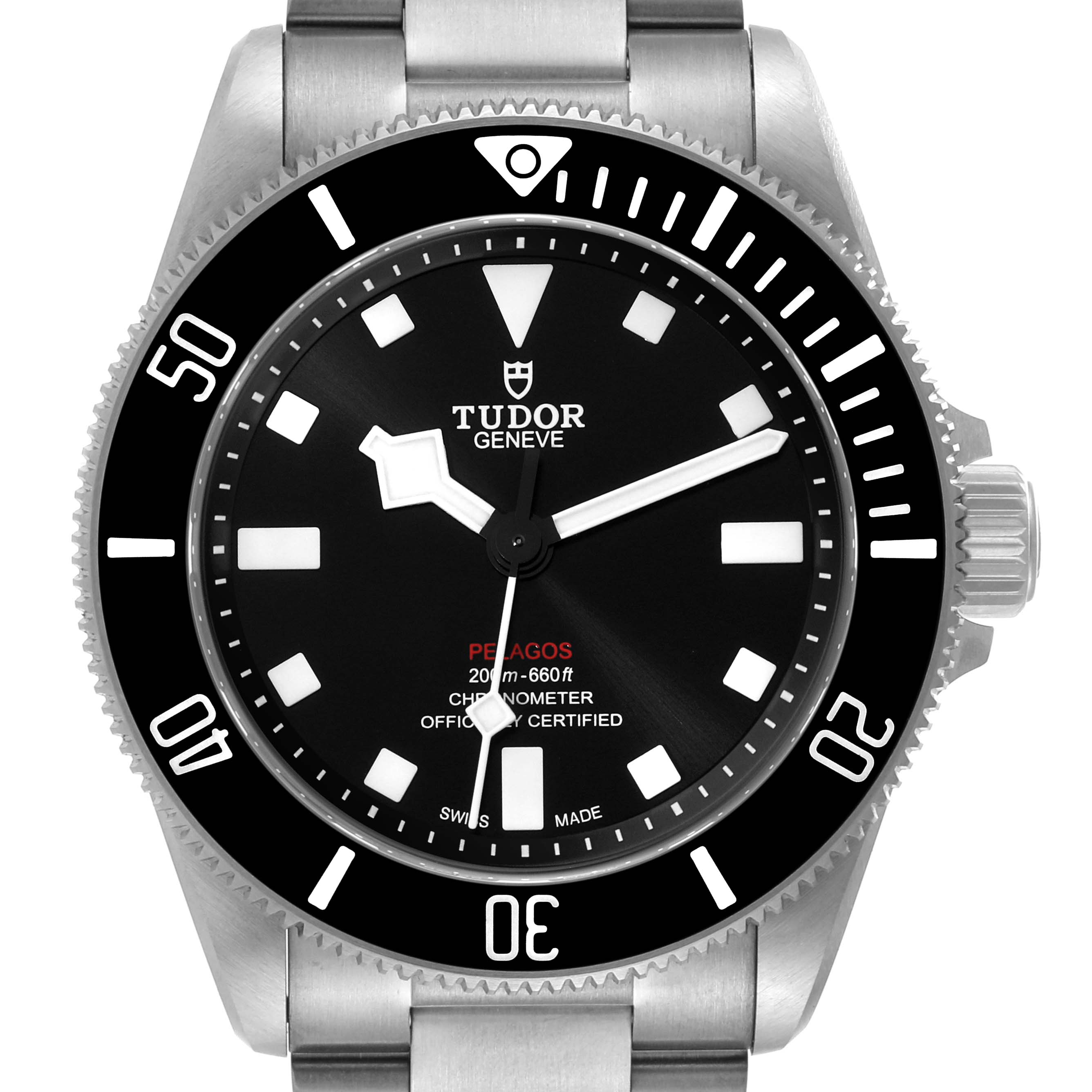 The image shows a front view of the Tudor Pelagos 25407N Men's Titanium Black Dial 25407N Men's Titanium Black Dial watch, highlighting its face, bezel, and part of the bracelet.