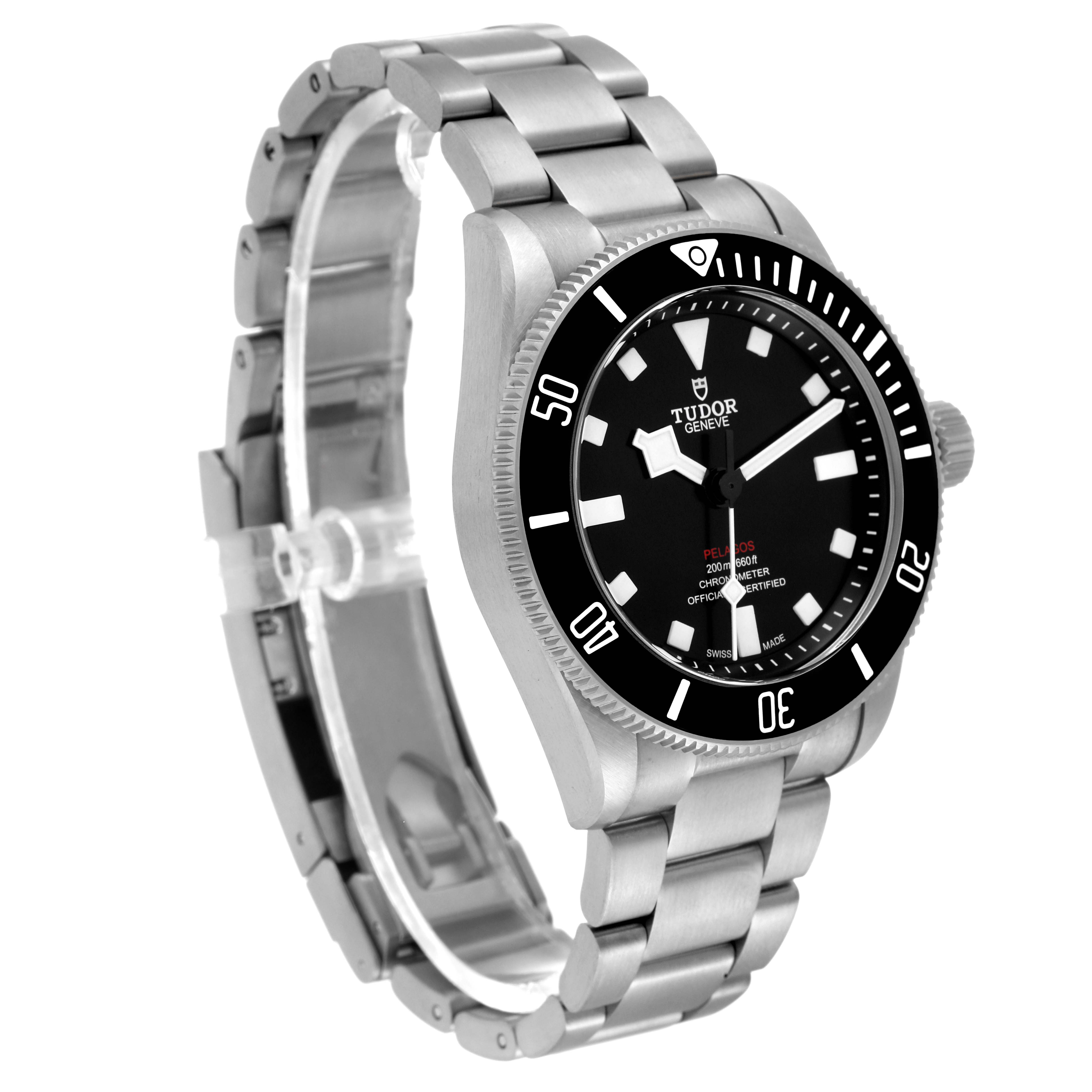 The image shows a side angle view of the Tudor Pelagos 25407N Men's Titanium Black Dial 25407N Men's Titanium Black Dial watch, highlighting the dial, bezel, and bracelet.