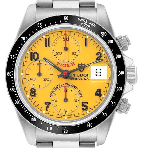 The watch, a Tudor Tiger 79260 Men's Stainless Steel Yellow Dial 79260 Men's Stainless Steel Yellow Dial model, is shown from the front, displaying the dial, bezel, crown, and part of the bracelet.