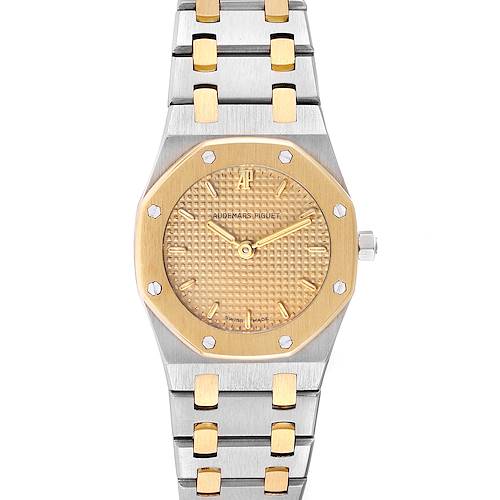 The image shows a front view of the Audemars Piguet Royal Oak N2354 Women's Steel and Gold (two tone) Champagne Dial N2354 Women's Steel and Gold (two tone) Champagne Dial watch, highlighting the dial, bezel, and bracelet.