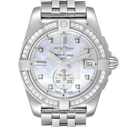 The image shows a front view of the Breitling A37330 Women's Stainless Steel Mother of Pearl Dial A37330 Women's Stainless Steel Mother of Pearl Dial Galactic 36 MOP Dial Diamond Steel Ladies Watch A37330 Unworn model.