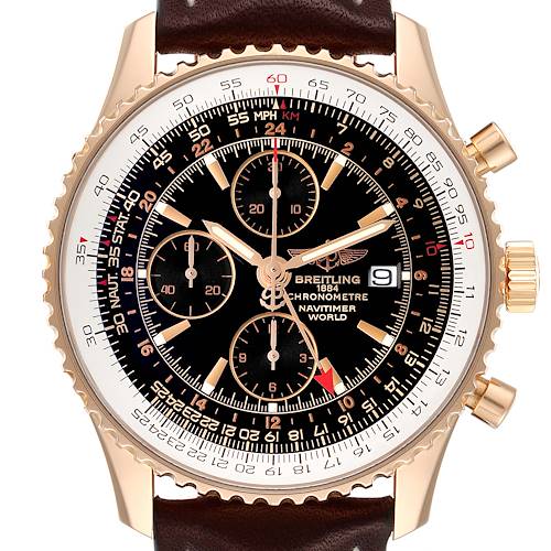 The image shows a close-up, front angle of the Breitling Navitimer H24322 Men's Rose Gold Black Dial H24322 Men's Rose Gold Black Dial watch, highlighting its dial, chronograph sub-dials, date window and bezel.